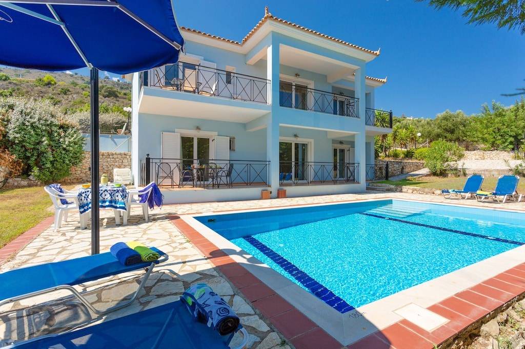 Skala Villa | Skala Villa Blue: Large Private Pool, Walk to Beach, Sea Views, A/C, WiFi